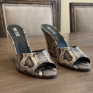 Paris Texas Snake-Print Wedge Mule in Black and Cream